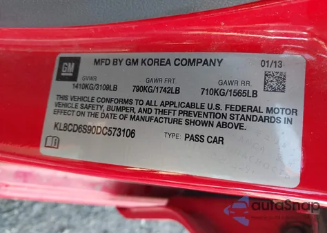 2013 Chevrolet Spark 1Lt Auto из США, поврежденный, VIN KL8CD6S90DC573106